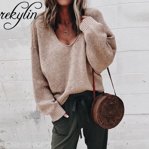 oversized loose fit knit sweater Sweaters - Soft Oversized Loose Fitting V-neck Knit Sweater